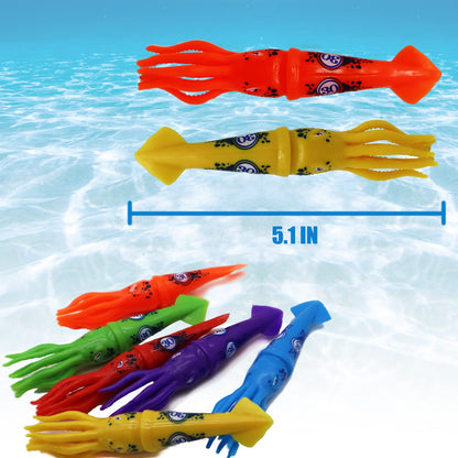 Squid Torpedo Pool Diving Toy Set for Kids, Practice Underwater Diving and Swimming, Multicolor Sinking Squids (Set of 6 Pieces) Multicolor Squid