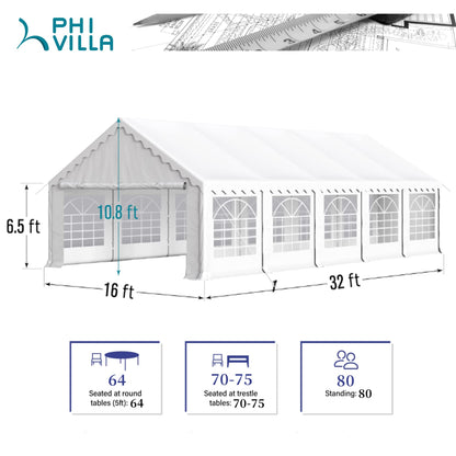 PHI VILLA Tente de fête extérieure robuste de 32' x 16', grand auvent commercial, abri d'événement de mariage, abri de voiture avec parois latérales amovibles pour terrasse, événements de jardin en plein air, blanc 32 pieds x 16 pieds 