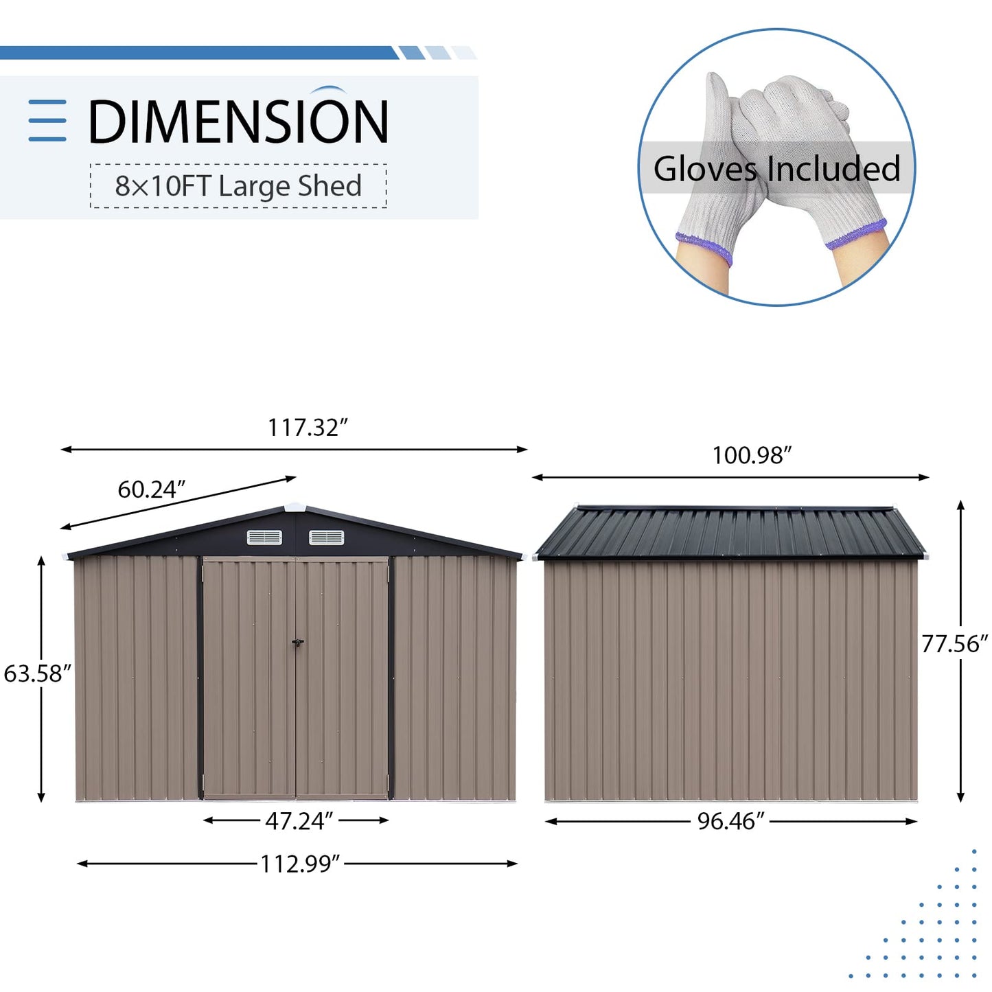 Verano Garden Abri de rangement extérieur 8'x10', grand abri de jardin en métal en acier galvanisé, double porte avec serrure, maison de rangement extérieur pour jardin, patio, pelouse 8'x10' taupe 