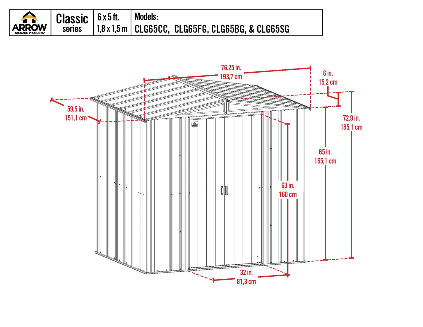 Arrow Shed Classic 6' x 5' Hangar de rangement extérieur en acier cadenassable 