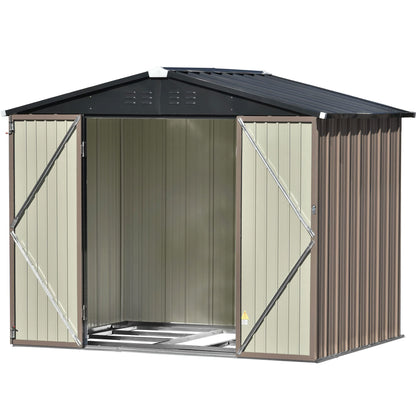 DHPM Abri de jardin pour vélo de 8 x 6 pieds, abri de rangement en métal avec porte verrouillable, armoire à outils avec évents et fondation pour arrière-cour, pelouse, jardin marron 