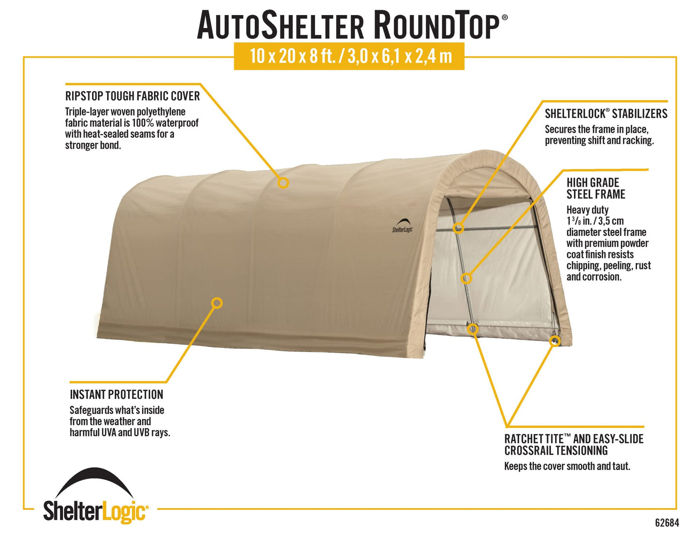 ShelterLogic 10' x 20' x 8' All-Steel Metal Frame Round Style Roof Instant Garage and AutoShelter with Waterproof and UV-Treated Ripstop Cover 10' x 20' x 8'