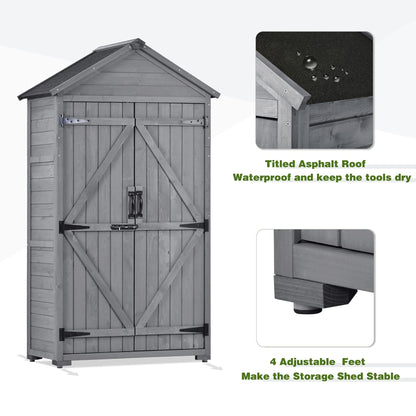 Outdoor Storage Shed with Floor, Wooden Storage Cabinet Waterproof, Garden Tool Shed with 3-Tier Shelves, Outside Vertical Shed with 2 Double Doors & Adjustable Legs, Fir Wood, Lockable (Gray) 35.4 x 22.4 x 69.3 Gray with 3 Tier Shelves & 2 Door