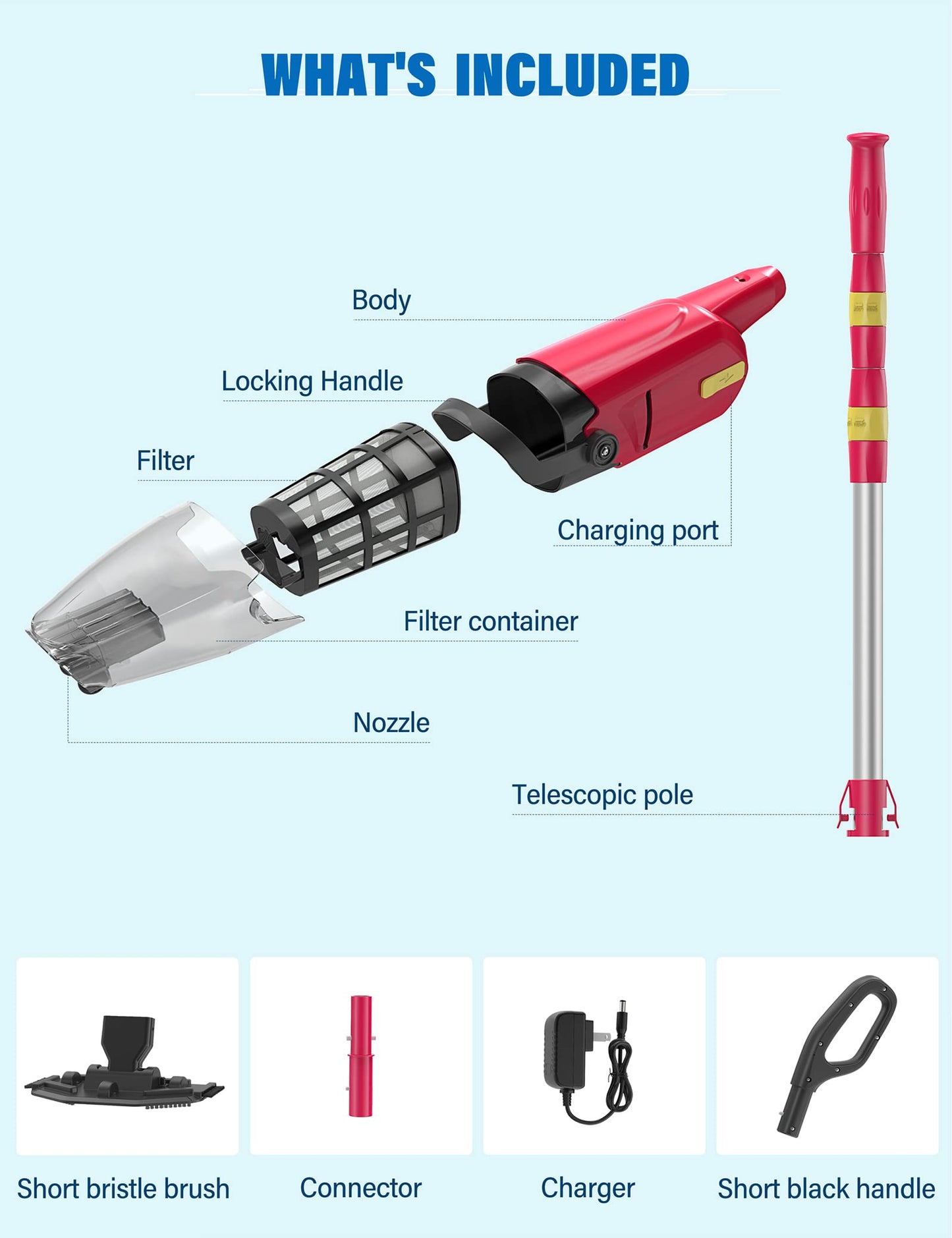 Efurden Handheld Pool Vacuum, Rechargeable Pool Cleaner with Running Time up to 60-Minutes Ideal for Above Ground Pools, Spas and Hot Tub for Sand and Debris, Carmine Rose red