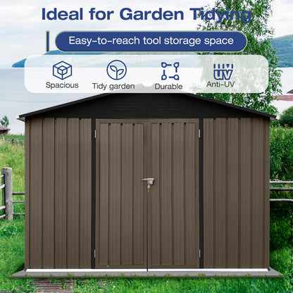 Lyromix 10' × 8' Metal Outdoor Storage Shed with Door & Lock, Waterproof Garden Storage Tool Shed with Base Frame for Backyard Patio, Brown 10×8 FT