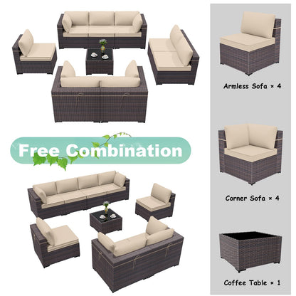 ALAULM 9 Pieces Sectional Sofa Sets, Outdoor Patio Furniture Set - Sand