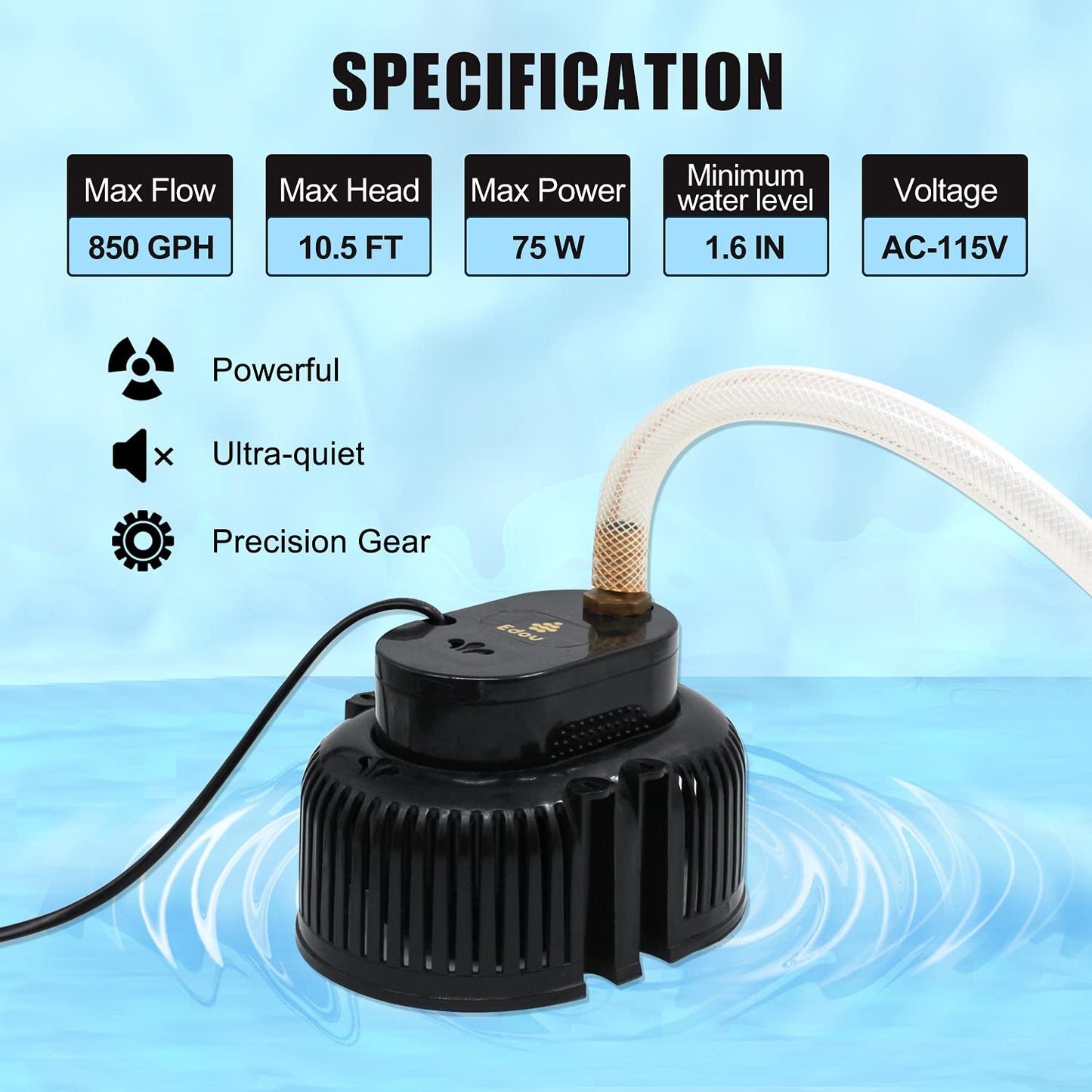 EDOU DIRECT Submersible Pool Cover Pump Black Edition | HEAVY DUTY | 850 GPH Max Flow | 75 W | Includes 16' Kink-proof Drainage Hose, 2 Adapters | Ideal for draining from above ground & inground pools