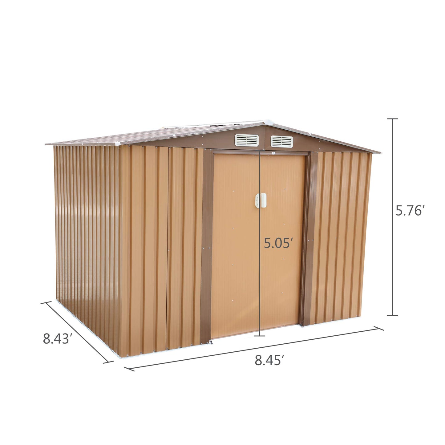 NBTiger Grand abri de rangement extérieur de 2,4 x 2,4 m, outil utilitaire robuste, organisateur d'équipement de tondeuse à gazon pour jardin avec toit à pignon, porte coulissante verrouillable, cadre de sol, aérations – Marron 