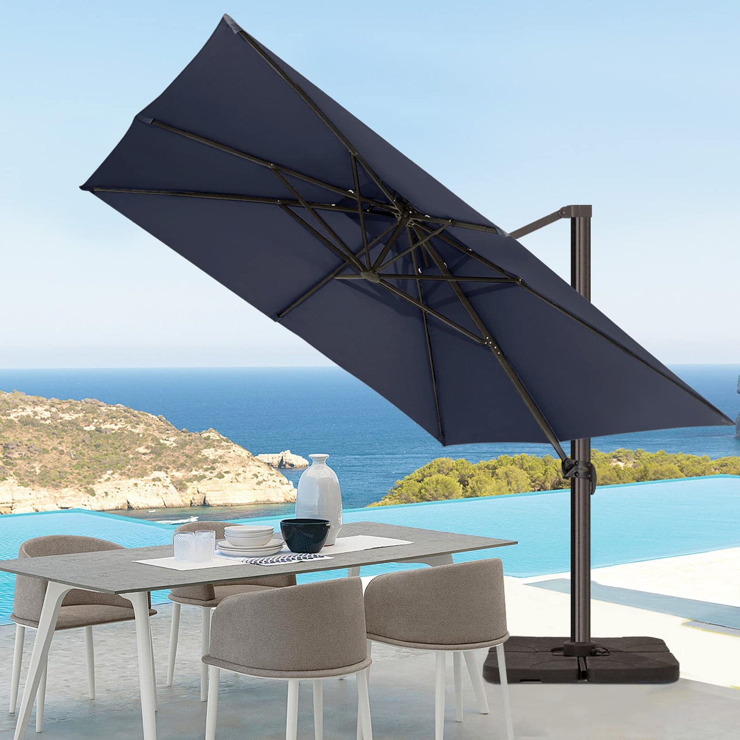 Parasol de patio carré en porte-à-faux 12 pieds bleu marine 