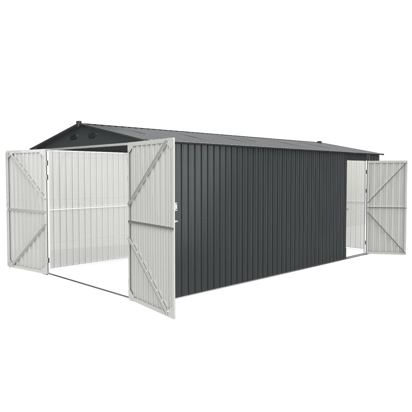 GLANZEND Abri de rangement extérieur 20 x 10 pieds, grand hangar de rangement en métal avec 2 portes et 4 aérations, auvent de voiture en métal pour voiture, camion, vélo, poubelle, outil, tondeuse à gazon 20 x 10 pieds 