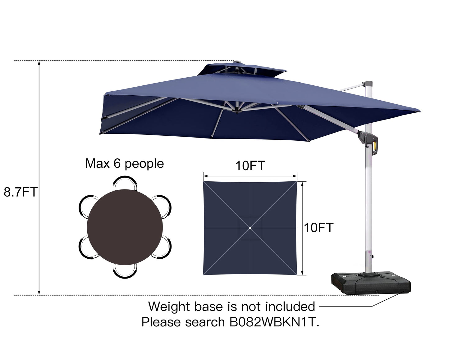 Parasol extérieur carré 10 pieds bleu marine 