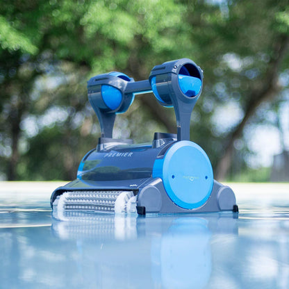 Robot nettoyeur de piscine Dolphin Premier avec doubles brosses de récurage puissantes et plusieurs options de filtre, idéal pour les piscines creusées jusqu'à 50 pieds.