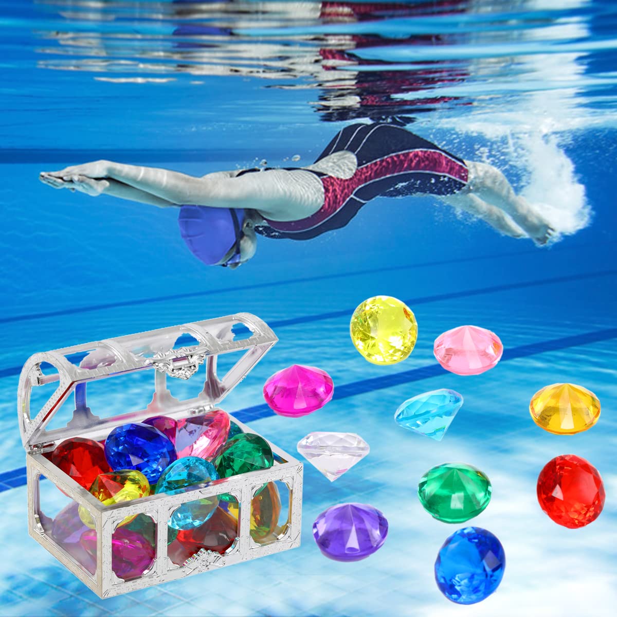 XIJUAN Diving gem Pool Toys Sand Toys,14Colorful Diamond Treasure Chest Summer Swimming gems Pirate Diving Toy Set Underwater Swimming toyChildren's Game Gifts for Boys and Girls(Silver White)