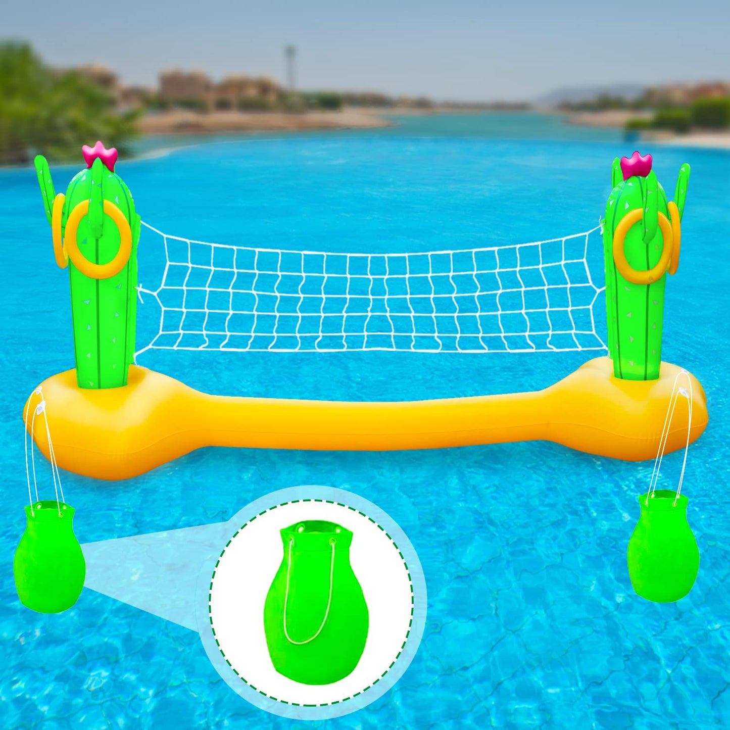 X XBEN Jeu de volley-ball gonflable pour piscine avec lancer d'anneaux, ensemble de flotteurs de piscine avec ballon, filet de volley-ball, jeu de piscine aquatique pour adultes, famille et natation, flotteurs d'été, terrain de volley-ball (jaune)