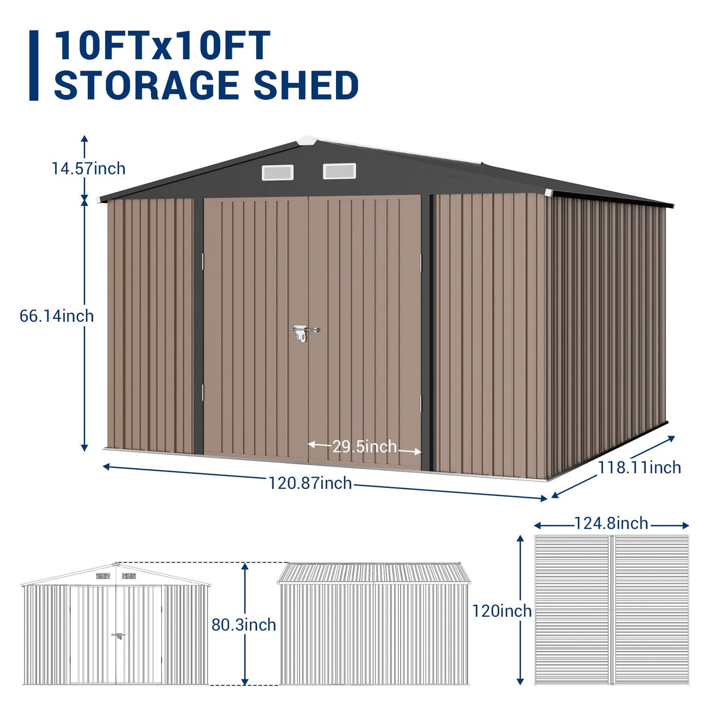 UDPATIO Outdoor Storage Shed 10x10 FT, Metal Outside Sheds & Outdoor Storage Galvanized Steel for Backyard, Patio, Lawn, Tool Shed with Lockable Door for Trash Can, Bike, Lawnmower, Generator 10'x10' Brown