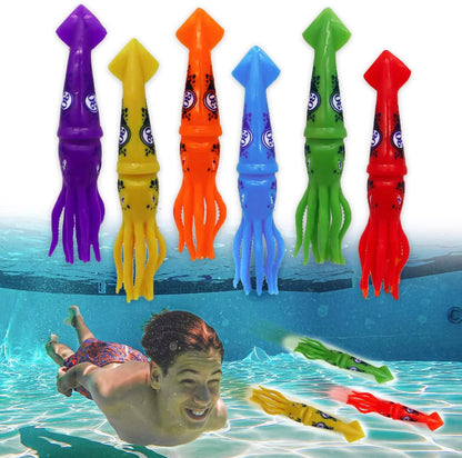 Squid Torpedo Pool Diving Toy Set for Kids, Practice Underwater Diving and Swimming, Multicolor Sinking Squids (Set of 6 Pieces) Multicolor Squid