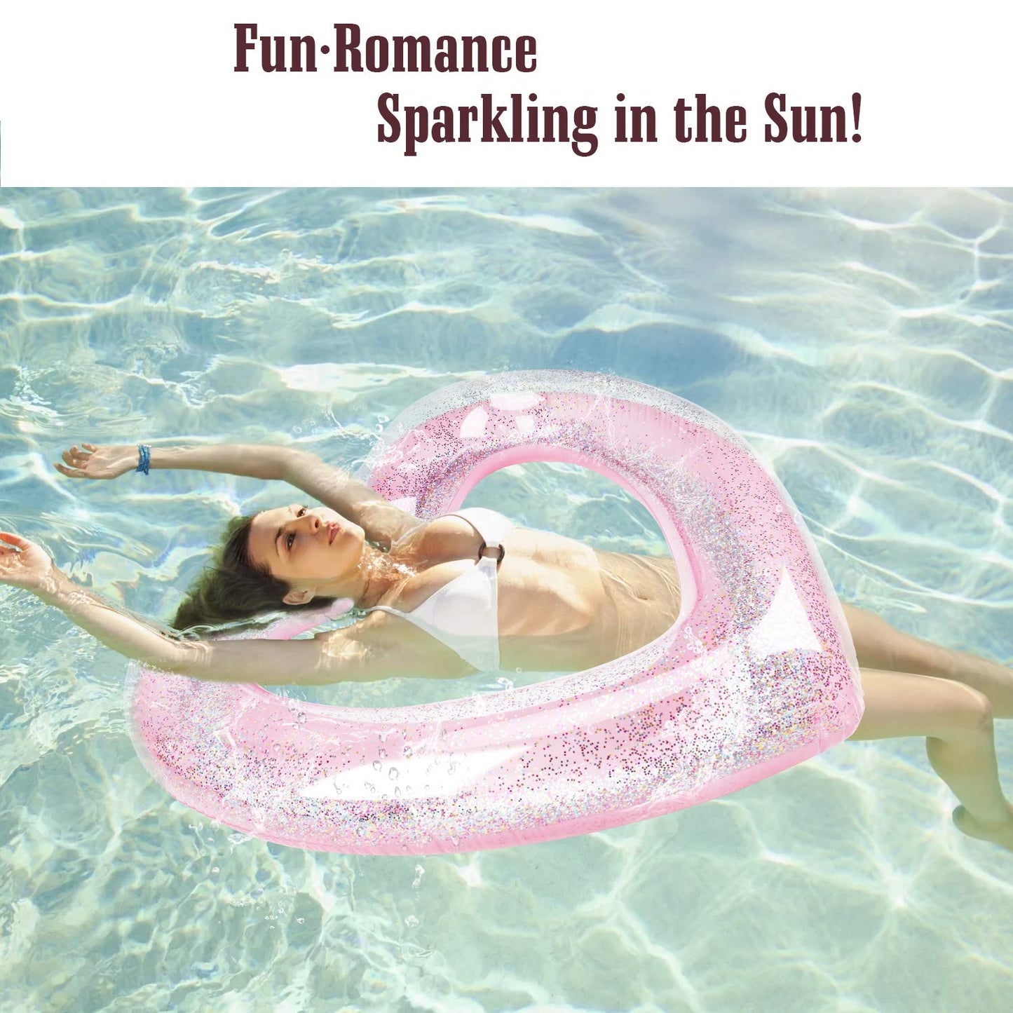 MoKo Inflatable Pool Float for Kids Adults, Clearance Heart Shaped Swim Ring 120cm Diameter Summer Swimming Tube Water Fun Beach Party Pool Toys Swimming Circle Glitter Pink
