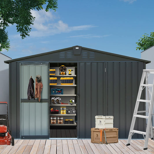 Domi Outdoor Storage Shed 10x8 FT, Metal Tool Sheds Storage House with Lockable Double Door,Large Bike Shed Waterproof for Garden,Backyard,Lawn Black 10'x8' (Gable Roof)