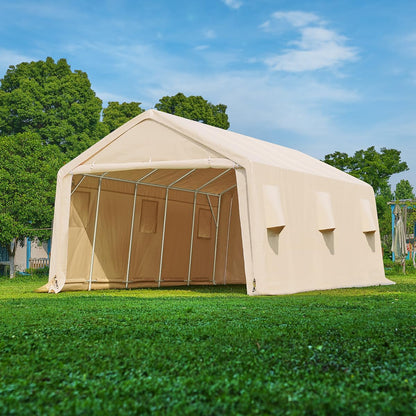 ADVANCE OUTDOOR Tente de garage de 4,3 x 6,1 m avec 2 portes enroulables et aérations, abri de rangement extérieur portable pour véhicule, camion, bateau, anti-UV, résistant à la neige, imperméable, beige 