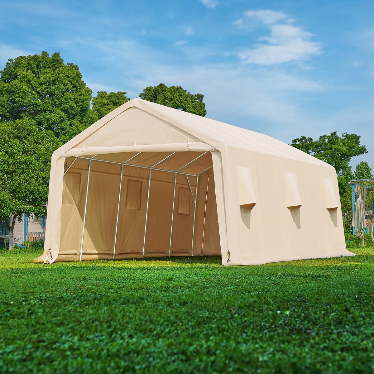 ADVANCE OUTDOOR Abri de voiture de 4,3 x 6,1 m avec 2 portes et aérations enroulables, abri de rangement portable extérieur, tente de garage pour véhicule, bateau, camion, anti-UV, résistant aux UV, imperméable, beige (8809BY-3) 13' x 20' 