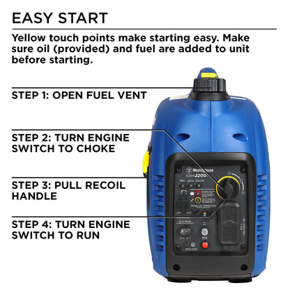 Westinghouse Outdoor Power Equipment Générateur à onduleur portable super silencieux et léger de 2 200 watts de crête 