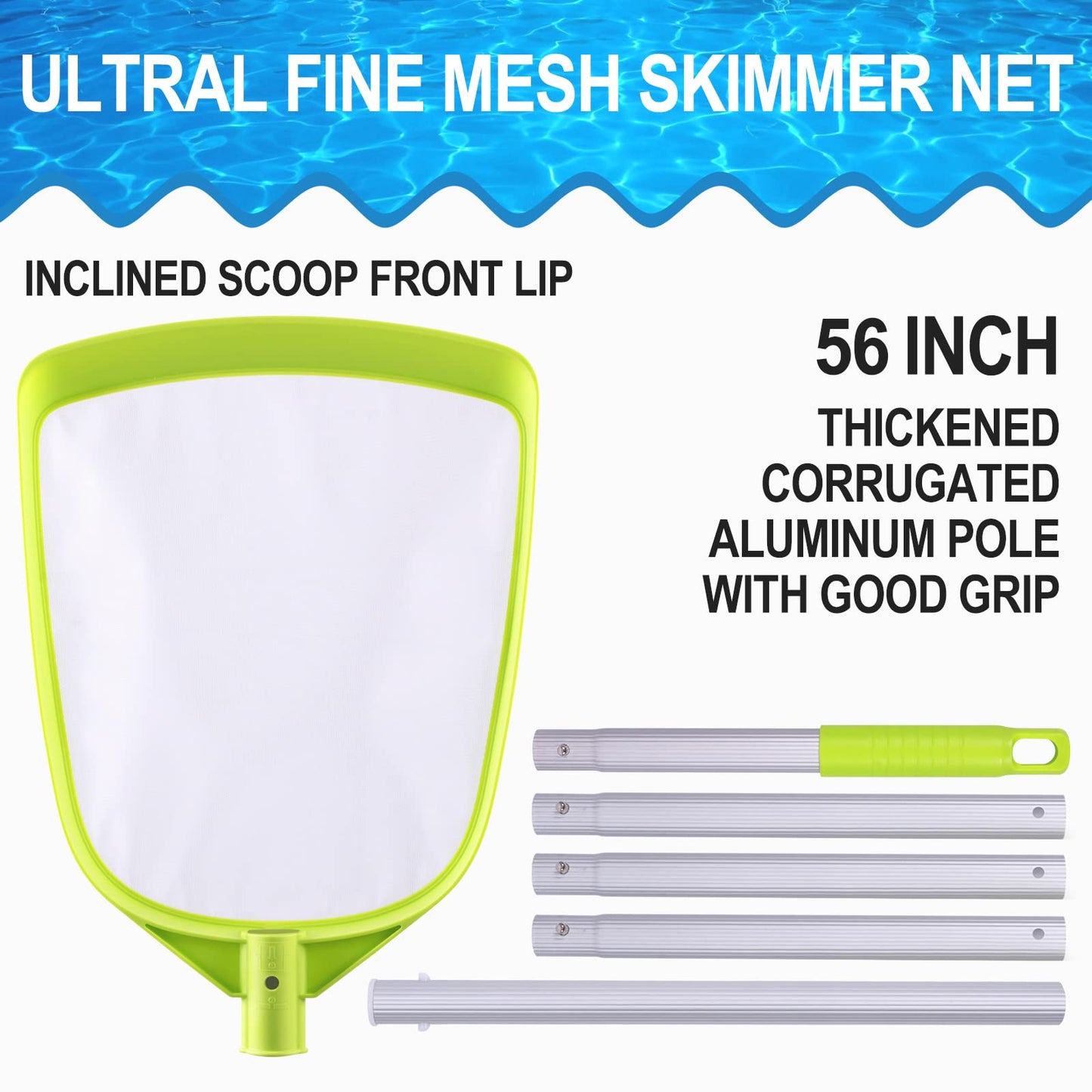 Pool Leaf Skimmer Net with 24-56 Inch Premium Pole,Medium Sized Ultral Fine Mesh Net for Cleaning Pool, Pond,Spa,Hot Tub Ultra Fine Mesh