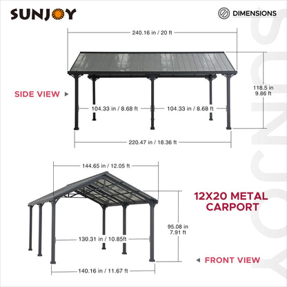 Sunjoy Carport 12 pi x 20 pi Tonnelle extérieure robuste pour garage, abri de voiture avec toit et cadre en acier thermolaqué par AutoCove, gris et gris foncé/gris foncé 12 x 20 pi 