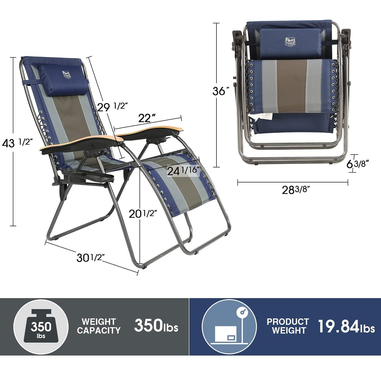 TIMBER RIDGE Oversized Zero Gravity Padded with Adjustable Headrest and Cup Holder Outdoor Reclining Chairs XXL for Lawn, Camping, Patio, Support up to 350 LBS, Blue