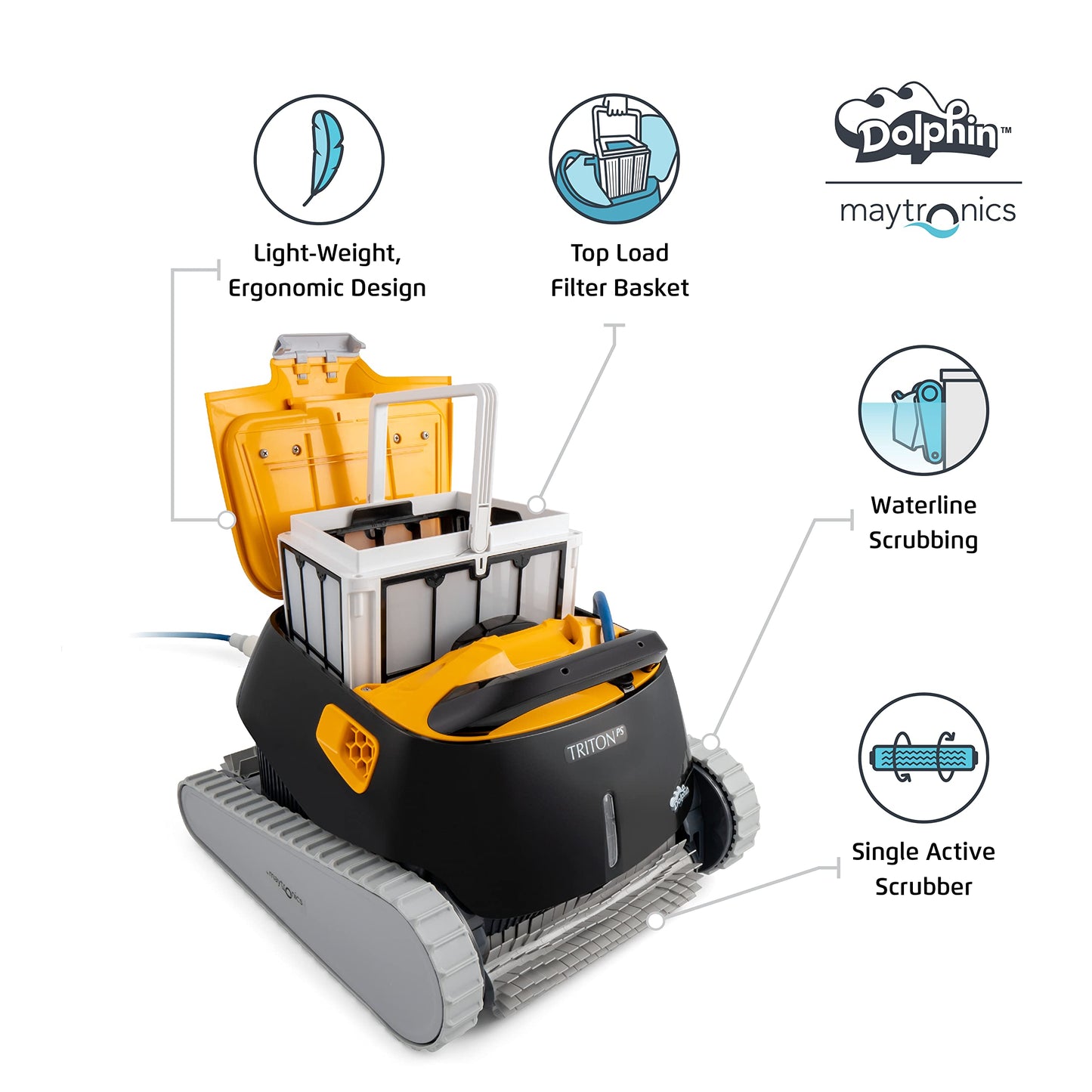 Dolphin Triton PS Robotic Pool [Vacuum] Cleaner - Ideal for In Ground Swimming Pools up to 50 Feet - Powerful Suction to Pick up Small Debris - Extra Large Easy to Clean Top Load Filter Basket