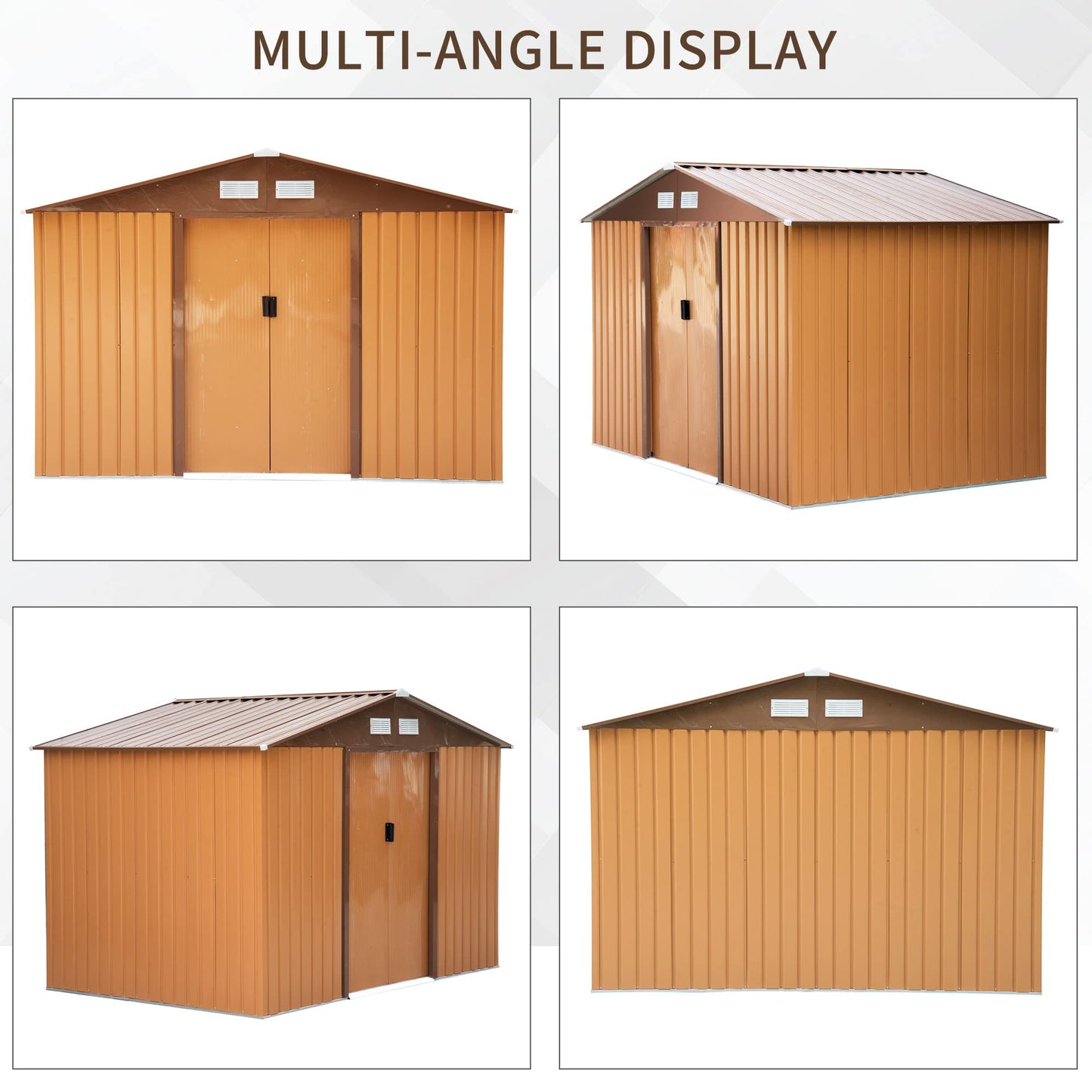 Outsunny Abri de rangement en métal 9' x 6', maison à outils de jardin avec doubles portes coulissantes, 4 bouches d'aération pour jardin, patio, pelouse marron 9' x 6' 