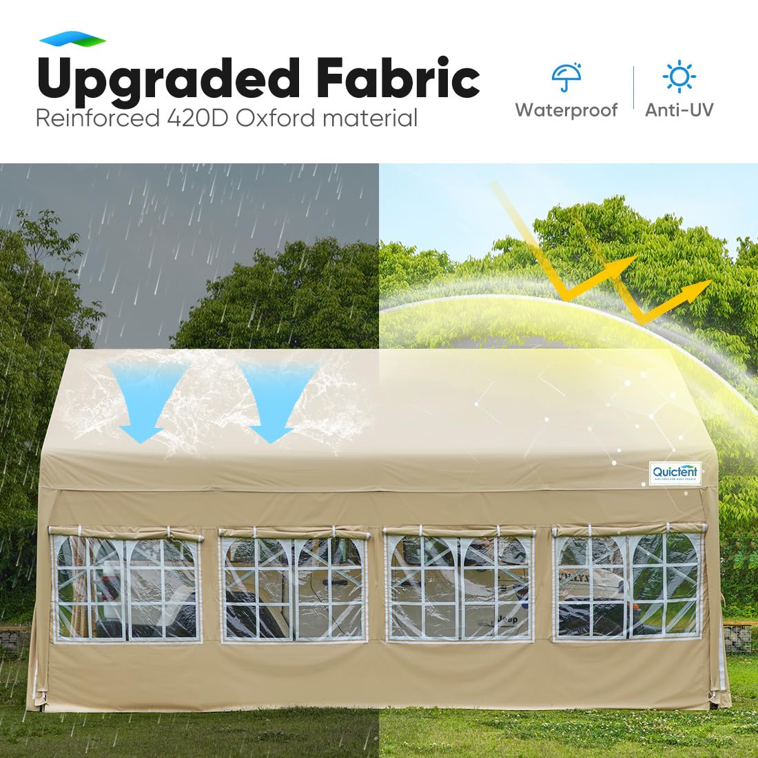 Quictent 13'X20' Heavy Duty Folding Carport Anti-Snow Carport Car Port Garage Movable Car Canopy Retractable Carport Tent Car Tent Outdoor Boat Shelter with Removable Window Sidewall-Khaki With Sidewall