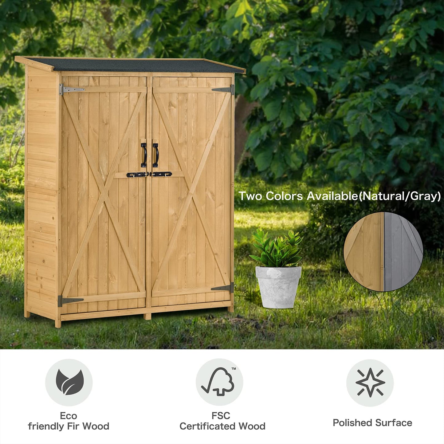 Outdoor Wooden Storage Cabinet Waterproof, Garden Tool Shed with 3-Tier Shelves, Outside Vertical Shed with 2 Double Doors, Fir Wood, 2 Locks & Handles, Natural 55 x 20 x 64 Natural-1