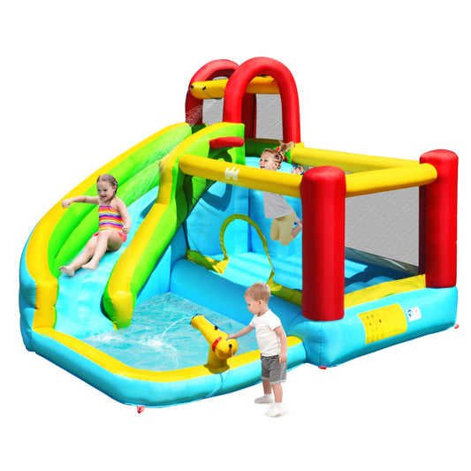 BOUNTECH Toboggan aquatique gonflable 6 en 1 pour enfants en plein air avec piscine à éclaboussures, mur d'escalade, canon à eau, toboggans aquatiques gonflables pour tout-petits garçons filles cadeaux de fête sans souffleur