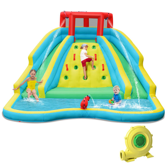 HONEY JOY Inflatable Water Slide, Giant Kids Water Park w/ 2 Long Slides & Climbing Wall, Water Hoses & Cannon, Large Splash Pool, Outdoor Blow Up Waterslides for Backyard(with 750w Blower) With 750w Blower