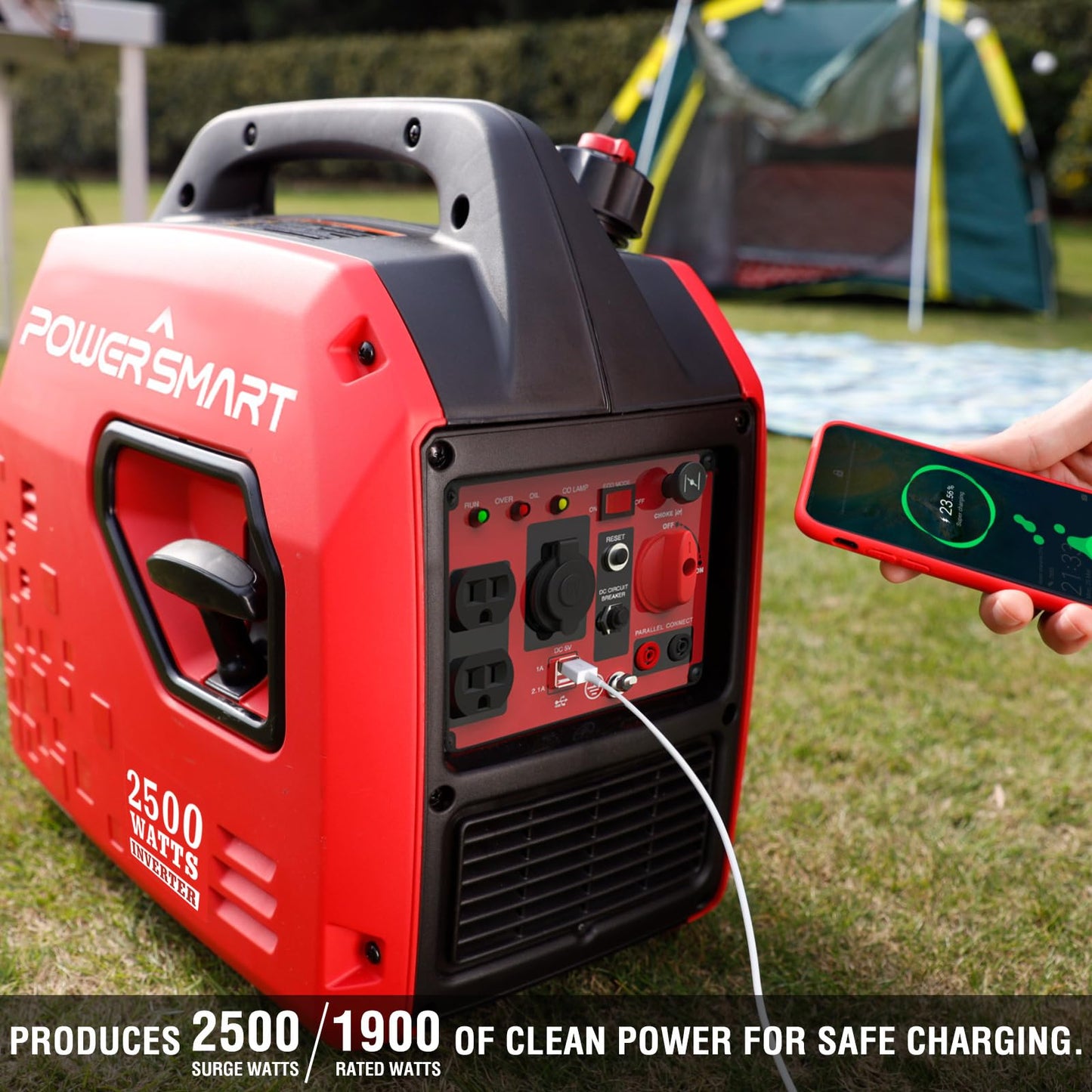 PowerSmart 2500-Watt Portable Inverter Generator, Super Quiet Gas Powered Generator for Camping, Home Use, Outdoor, CARB Compliant 2500 Watts/Red