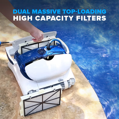 Robot nettoyeur de piscine Dolphin Sigma avec Bluetooth et filtres à cartouche massifs à chargement par le haut, idéal pour les piscines jusqu'à 50 pieds.