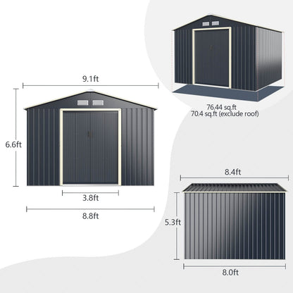 Goplus Abri de rangement en métal 9' X 8' Organisateur de bâtiment extérieur avec 4 aérations et double porte coulissante pour jardin, arrière-cour, ferme (9' X 8') 9' X 8' 