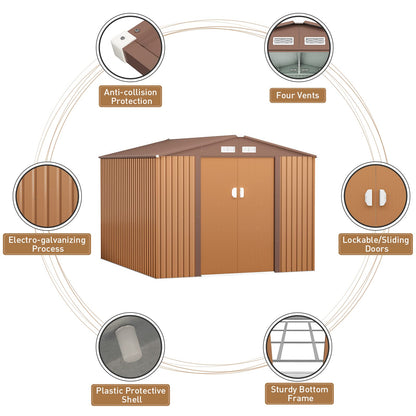 HOGYME 10.5' x 9.1' Storage Shed Large Metal Shed, Sheds &Outdoor Storage Clearance Suitable for Garden Tool Bike Lawn Mower Ladder, Utility Tool House w/Lockable/Sliding Door, 4 Vents, Coffee 9.1x10.5