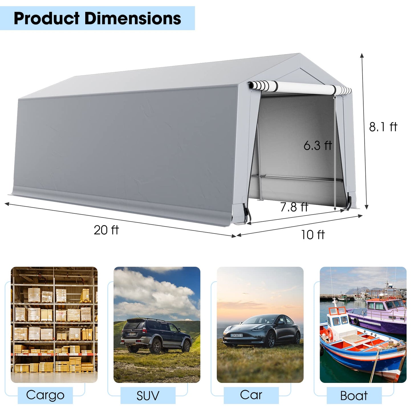 Tangkula Abri de voiture robuste de 3 x 6 m, garage portable extérieur avec poutres triangulaires renforcées, cadre en acier galvanisé, auvent de voiture en métal toutes saisons avec 2 portes amovibles pour voiture, camion, SUV, bateau 