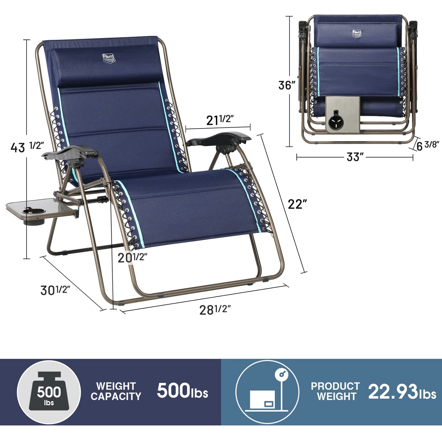 TIMBER RIDGE XXL Oversized Zero Gravity Chair, Full Padded Patio Lounger with Side Table, 33”Wide Reclining Lawn Chair, Support 500lbs(Blue) Blue