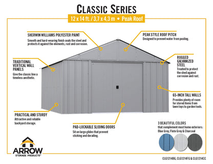 Arrow Sheds Classic 12' x 14' Outdoor Padlockable Steel Storage Shed Building, Blue Grey