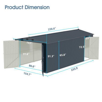 GLANZEND Abri de rangement extérieur 20 x 13 pieds, grand hangar de rangement en métal avec 2 portes et 4 aérations, auvent de voiture en métal pour voiture, camion, vélo, poubelle, outil, tondeuse à gazon 20 x 13 pieds 