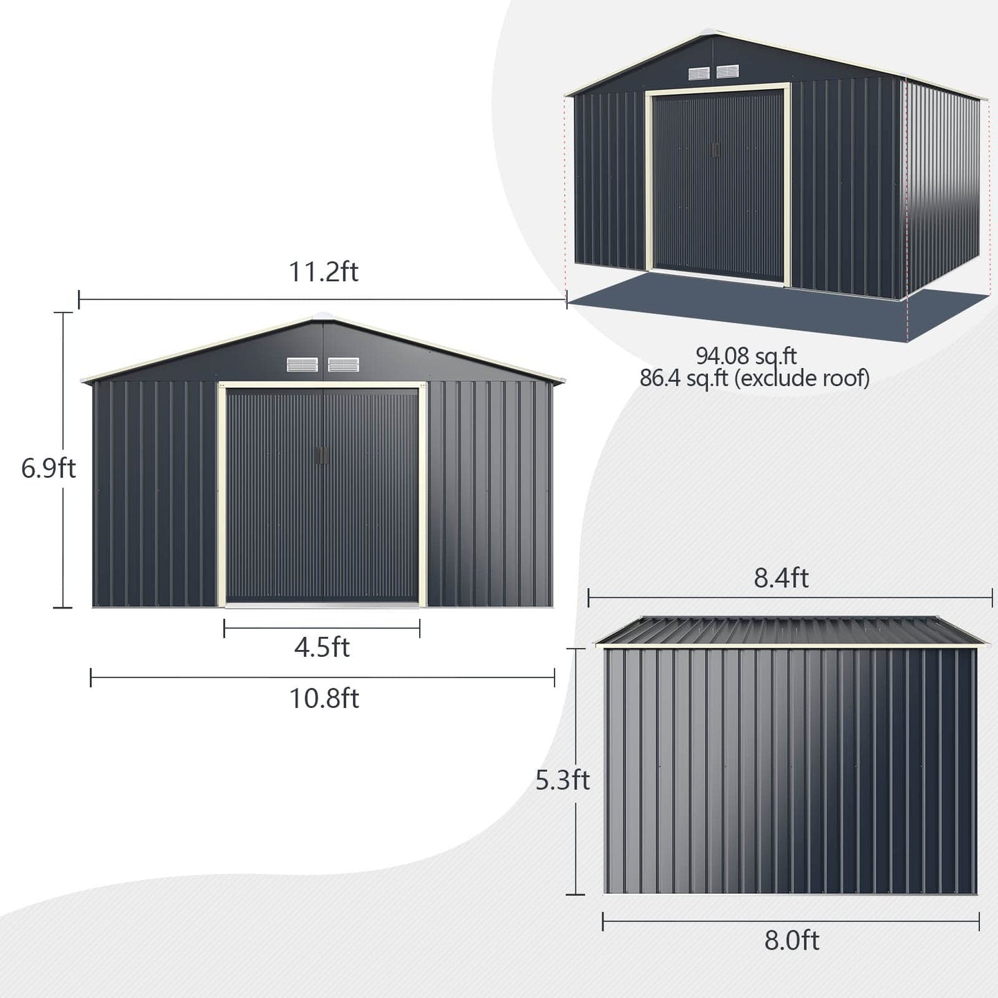 Goplus Abri de rangement en métal 11' X 8' Organisateur de bâtiment extérieur avec 4 aérations et double porte coulissante pour jardin, arrière-cour, ferme (11' X 8') 11' X 8' 