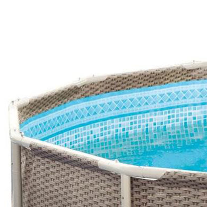 Summer Waves P20014482 14ft x 48in Outdoor Round Frame Above Ground Swimming Pool Set with Skimmer Filter Pump, Filter Cartridge, and Ladder, Brown Light Wicker/Sand