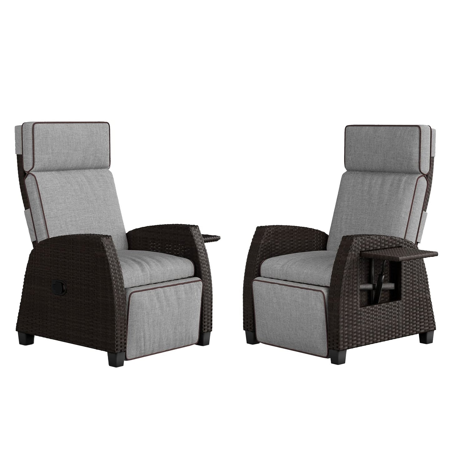 Grand patio Outdoor Recliners Set of 2 Patio Recliner Chair, All-Weather Wicker Reclining Patio Chairs, Flip-up Side Table, Recliner Chair, Cool Grey Cool Grey 2pcs 2 PCS