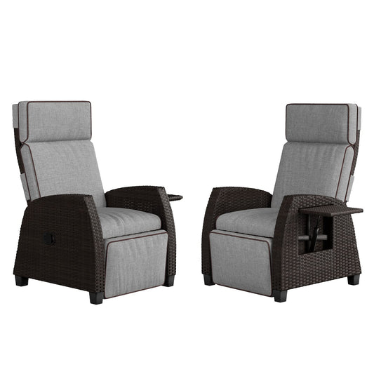 Ensemble de 2 fauteuils inclinables d'extérieur Grand Patio, chaises de patio inclinables en osier toutes saisons, table d'appoint rabattable, fauteuil inclinable, gris froid 2 pièces 2 pièces