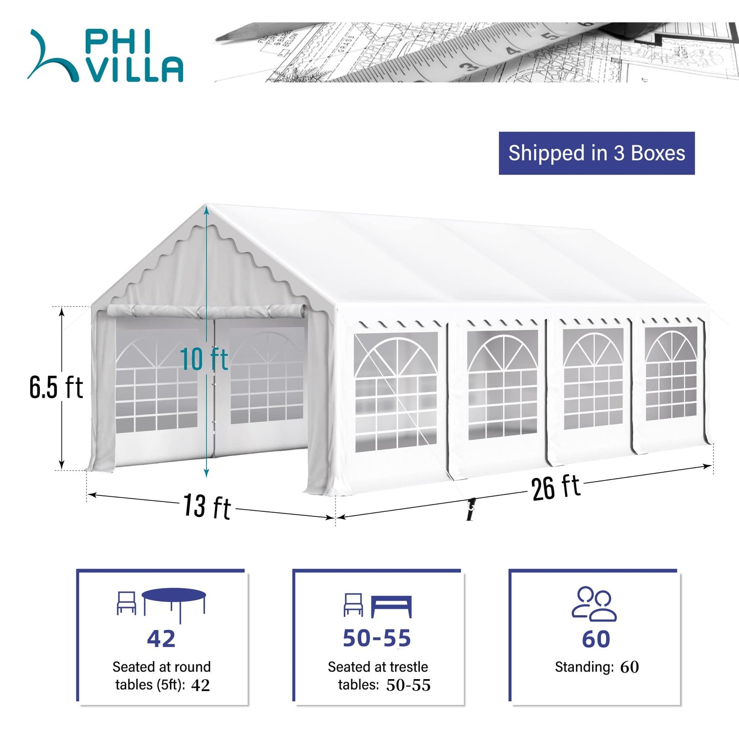 PHI VILLA Tente de fête extérieure robuste de 26' x 13', grand auvent commercial, abri d'événement de mariage, abri de voiture avec parois latérales amovibles pour patio, événements de jardin en plein air, blanc 26 pieds x 13 pieds 