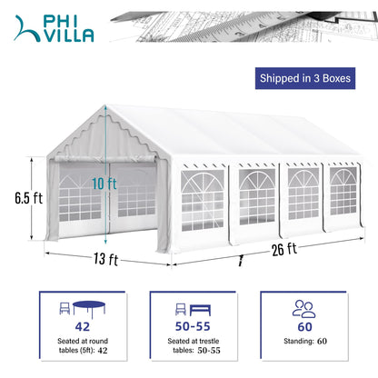 PHI VILLA Tente de fête extérieure robuste de 26' x 13', grand auvent commercial, abri d'événement de mariage, abri de voiture avec parois latérales amovibles pour patio, événements de jardin en plein air, blanc 26 pieds x 13 pieds 