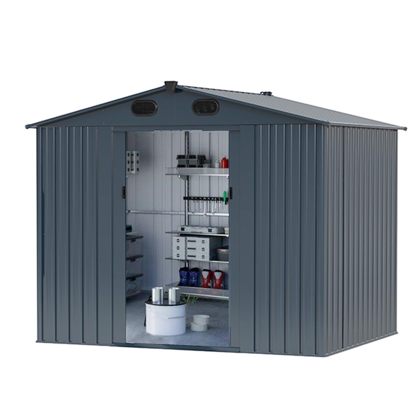 Chery Industrial 8'x6' Outdoor Storage Shed Galvanized Steel, Garden Shed with 4 Vents & Double Sliding Door, Utility Tool Shed Storage House for Backyard, Patio, Lawn(Dark Cool Grey) 8x6FT(Dark Cold Grey)