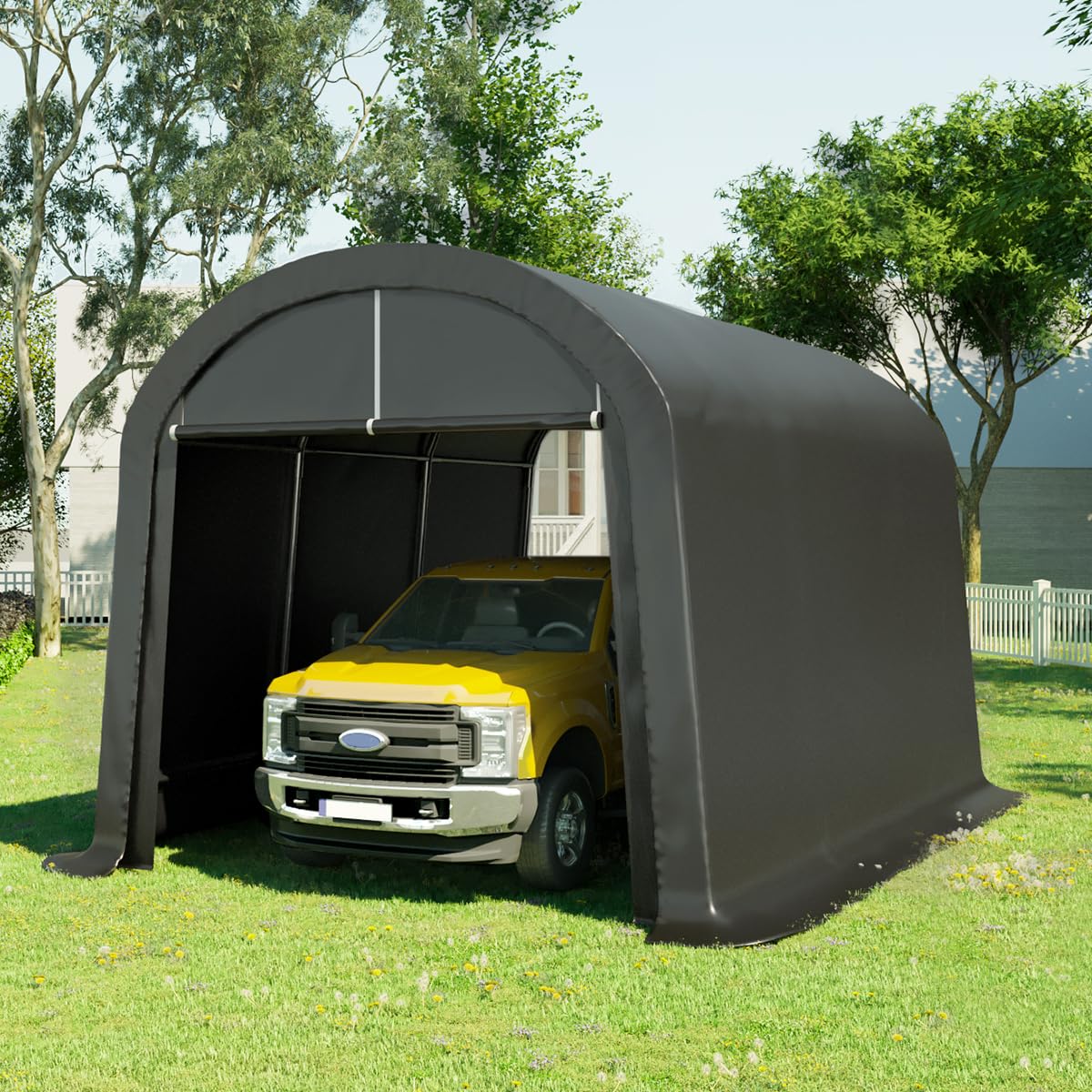 KING BIRD 10' x 15' Heavy Duty Round Style Carport Anti-Snow Car Port Garage Car Tent Car Canopy Outdoor Instant Garage with Reinforced Ground Bars 10'X15' Dark Gray